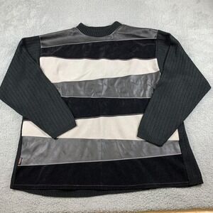 Vintage KOMAN Sport Sweater Men 3XL Black Faux Leather Striped Front 90's Street
